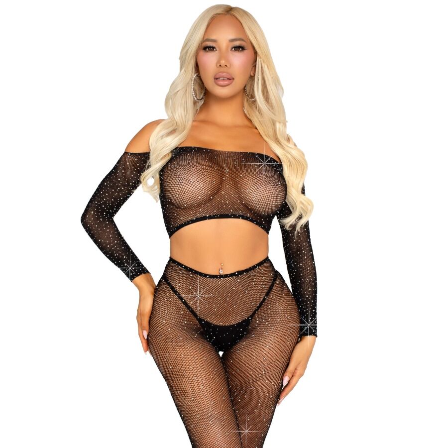 Imagen que nos facilita LEG AVENUE SETS de su producto erótico LEG AVENUE - CROP TOP Y LEGGING DE REJILLA CON PEDRERÍA NEGRO para nuestra categoría "MODA & LENCERÍA|Lencería Mujer|Lencería Sexy|Top y parte inferior".