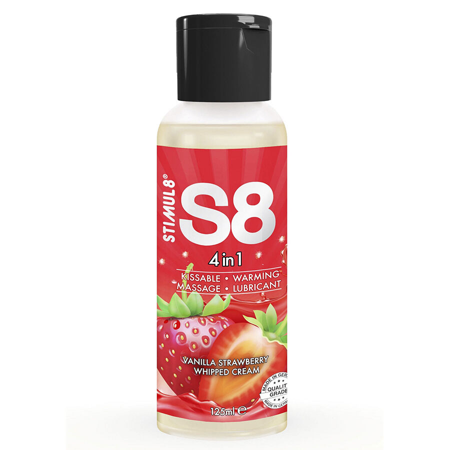 Imagen que nos facilita STIMUL8 de su producto erótico STIMUL8 - S8 4 EN 1 LUBRICANTE POSTRE FRESA 125 ML para nuestra categoría "DROGUERÍA |Lubricantes|Con deliciosos Sabores".
