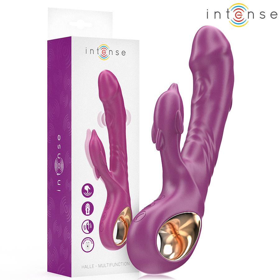 Imagen que nos facilita INTENSE FUN de su producto erótico INTENSE - HALLE VIBRADOR MULTIFUNCIÓN CON LENGUA ESTIMULADORA EN FORMA DE DELFÍN MORADO para nuestra categoría "JUGUETES BIENESTAR |Vibradores|Vibradores HI-TECH".