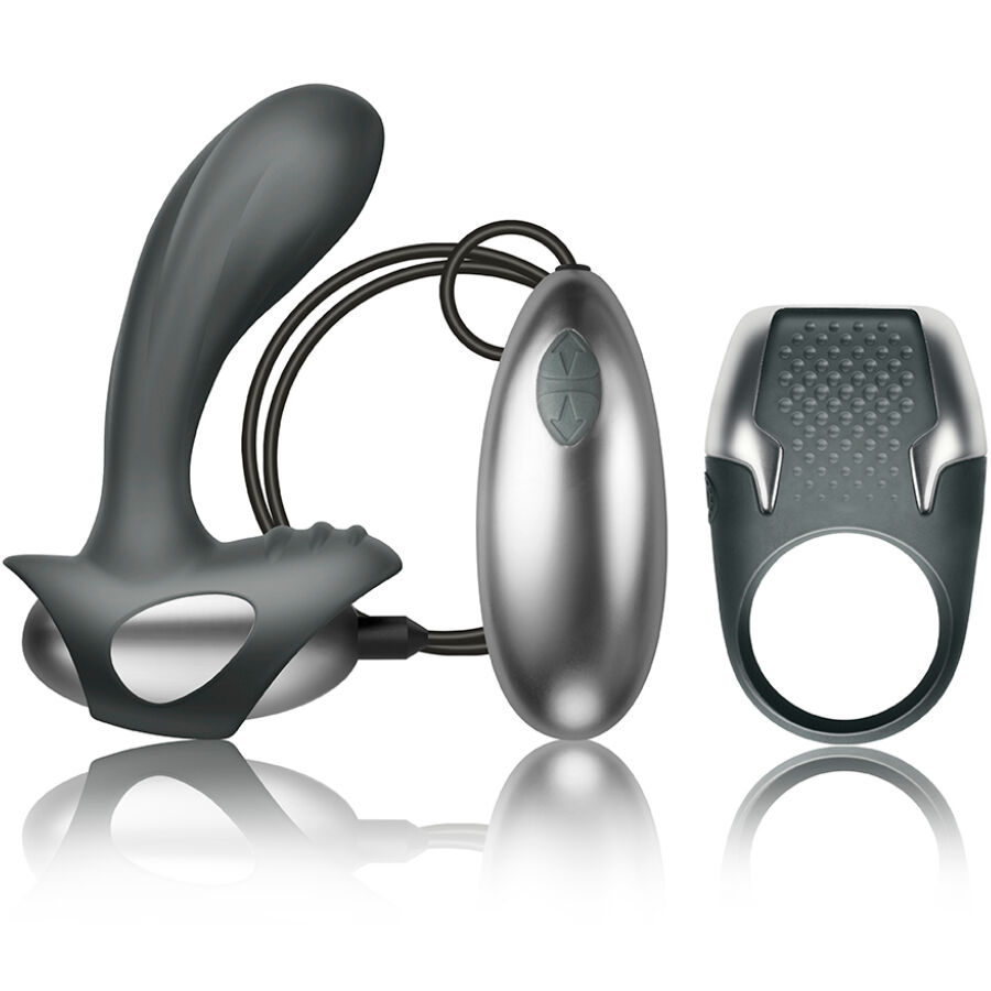 Imagen que nos facilita CLIMAXIMUM de su producto erótico CLIMAXIMUM - EXCITE KIT ANILLO PARA PENE + MASAJEADOR PRÓSTATA CON CABLE para nuestra categoría "JUGUETES BIENESTAR |Kits juguetes sexuales".