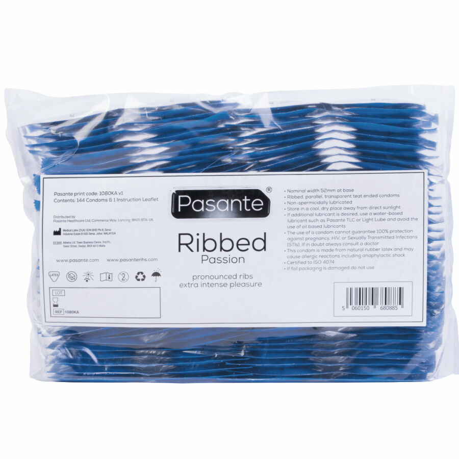 Imagen que nos facilita PASANTE de su producto erótico PASANTE - RIBBED PASSION PRESERVATIVOS BOLSA 144 UNIDADES para nuestra categoría "PRESERVATIVOS |Puntos y Estrías".