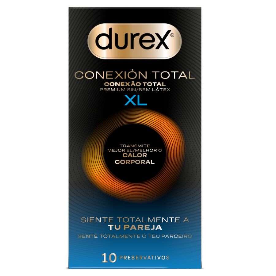 Imagen que nos facilita DUREX CONDOMS de su producto erótico DUREX - CONEXIÓN TOTAL XL ULTRA FINO PLUS SIN LÁTEX 10 UNIDADES para nuestra categoría "PRESERVATIVOS |Todas las tallas|Tamaño XL (Grandes)".