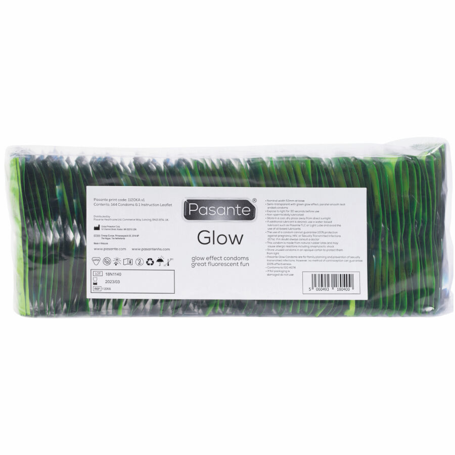 Imagen que nos facilita PASANTE de su producto erótico PASANTE - GLOW PRESERVATIVOS BOLSA 144 UNIDADES para nuestra categoría "PRESERVATIVOS |Fluorescentes".