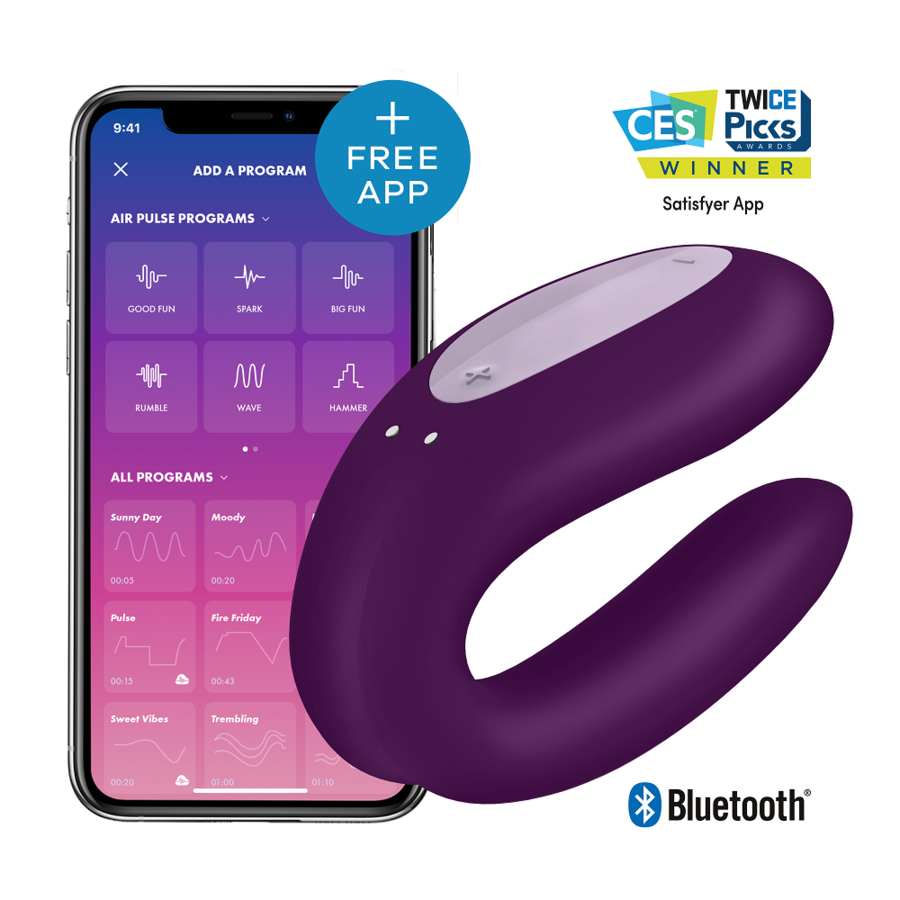 La marca SATISFYER CONNECT nos facilita esta imagen de su producto SATISFYER - DOUBLE JOY CON APP MORADO para nuestro catálogo.