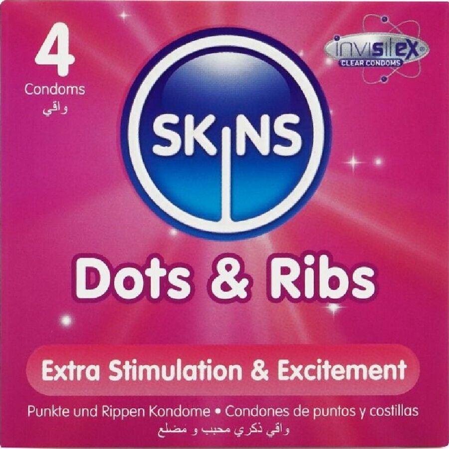 La marca SKINS nos facilita esta imagen de su producto SKINS - DOTS & RIBS PRESERVATIVOS PREMIUM PACK 4 para nuestro catálogo.