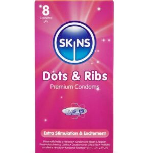 La marca SKINS nos facilita esta imagen de su producto SKINS - DOTS & RIBS PRESERVATIVOS PREMIUM PACK 8 para nuestro catálogo.