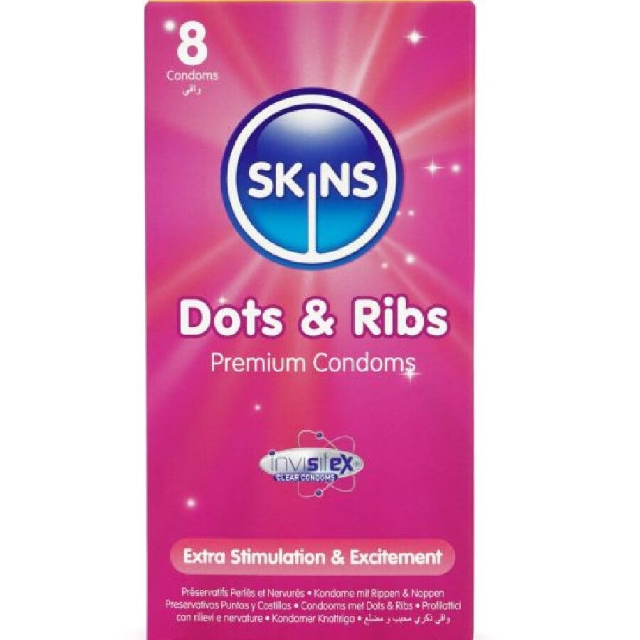 La marca SKINS nos facilita esta imagen de su producto SKINS - DOTS & RIBS PRESERVATIVOS PREMIUM PACK 8 para nuestro catálogo.