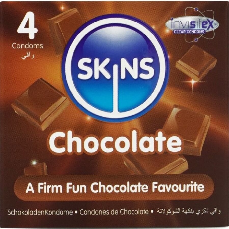La marca SKINS nos facilita esta imagen de su producto SKINS - PRESERVATIVOS PREMIUM SABOR CHOCOLATE PACK 4 para nuestro catálogo.