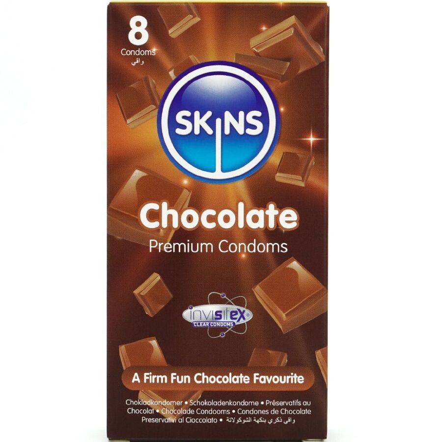 La marca SKINS nos facilita esta imagen de su producto SKINS - PRESERVATIVOS PREMIUM SABOR CHOCOLATE PACK 8 para nuestro catálogo.