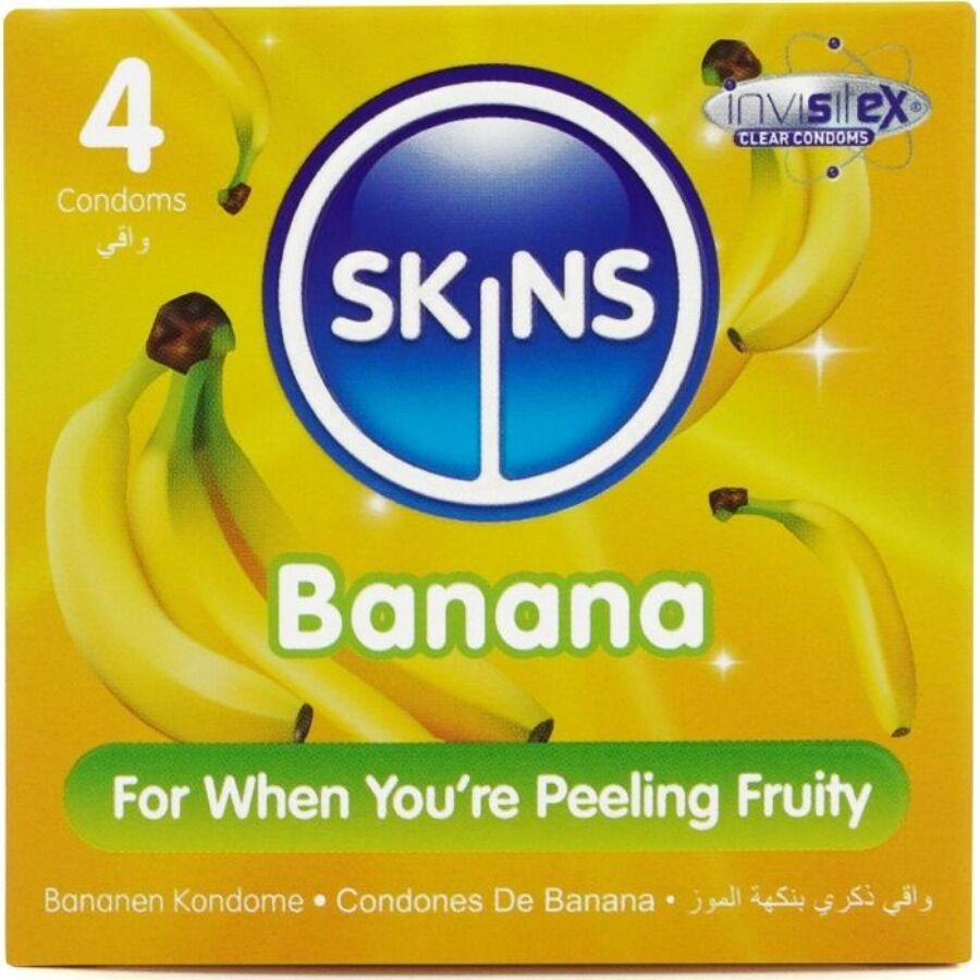 La marca SKINS nos facilita esta imagen de su producto SKINS - PRESERVATIVOS PREMIUM SABOR PLÁTANO PACK 4 para nuestro catálogo.
