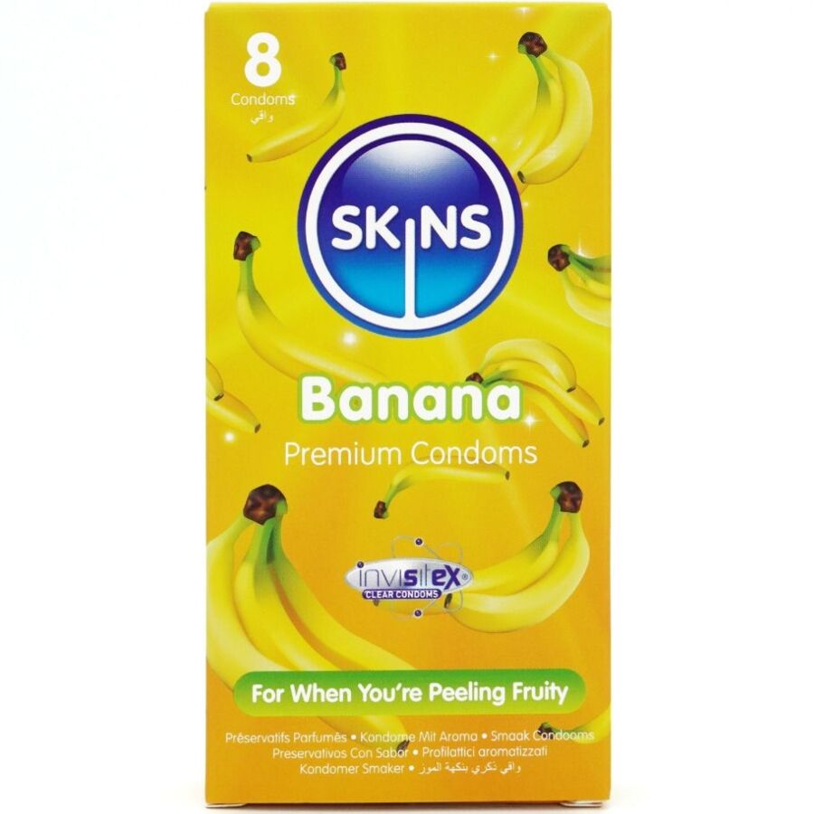 La marca SKINS nos facilita esta imagen de su producto SKINS - PRESERVATIVOS PREMIUM SABOR PLÁTANO PACK 8 para nuestro catálogo.