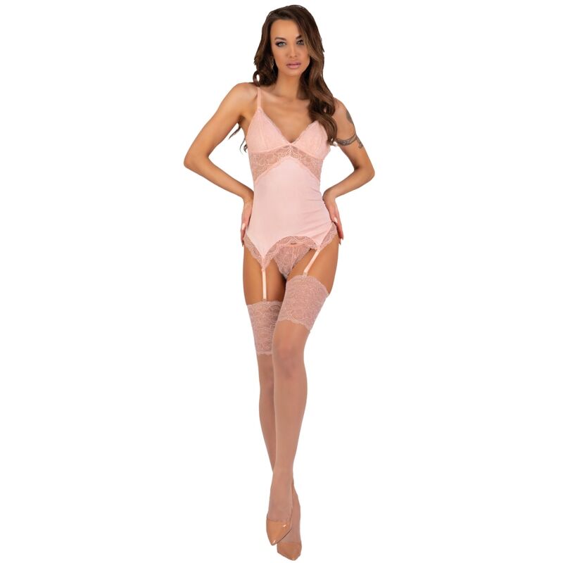 La marca LIVCO CORSETTI SETS nos facilita esta imagen de su producto LIVCO CORSETTI FASHION - PERSINNE PEACH SET CORSET + PANTY + MEDIAS S/M para nuestro catálogo.