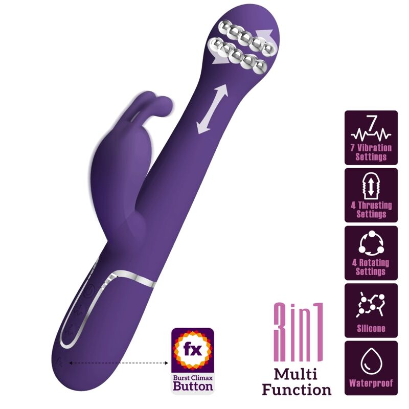 La marca PRETTY LOVE FLIRTATION nos facilita esta imagen de su producto PRETTY LOVE - DEJON VIBRADOR RABBIT 3 EN 1 MULTIFUNCIÓN MORADO para nuestro catálogo.