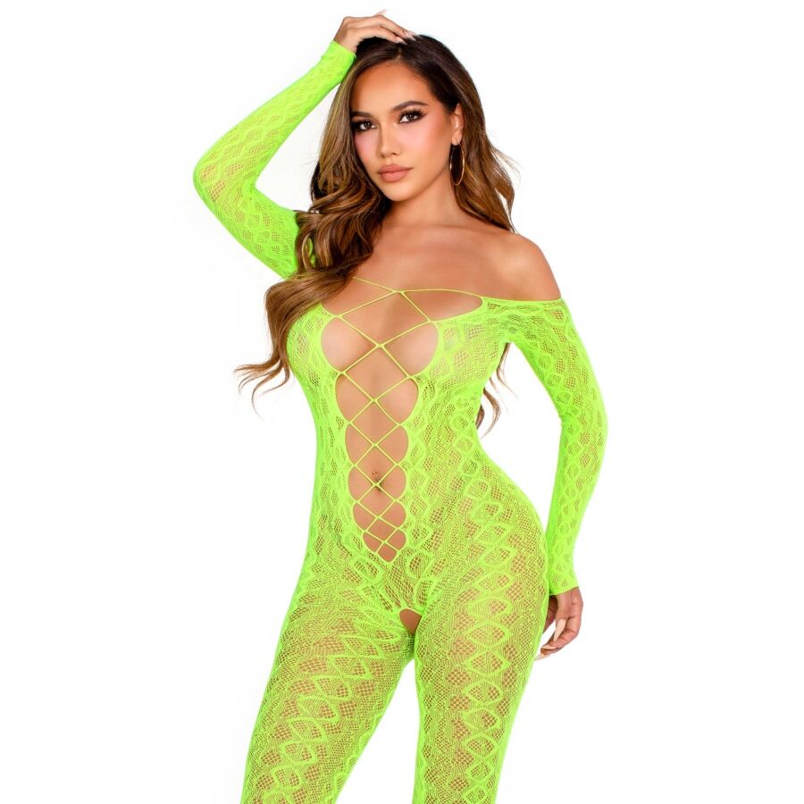 La marca LEG AVENUE BODYSTOCKINGS nos facilita esta imagen de su producto LEG AVENUE - BODYSTOCKING SIN ENTREPIERNA DE ENCAJE DE SERPIENTE EXÓTICA VERDE NEÓN para nuestro catálogo.