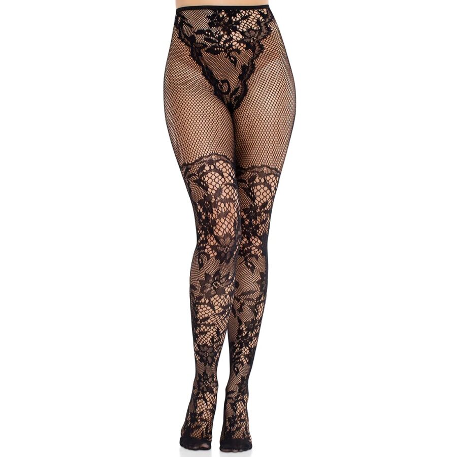 La marca LEG AVENUE HOSIERY nos facilita esta imagen de su producto LEG AVENUE - MEDIAS DE ENCAJE DAHLIA CON DETALLE DE RED NEGRO para nuestro catálogo.