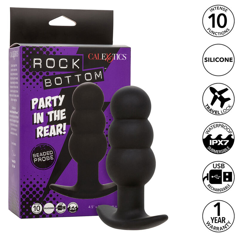 La marca CALEXOTICS nos facilita esta imagen de su producto CALEXOTICS - ROCK BOTTOM PLUG ANAL CON CUENTAS 10 VIBRACIONES SILICONA NEGRO para nuestro catálogo.