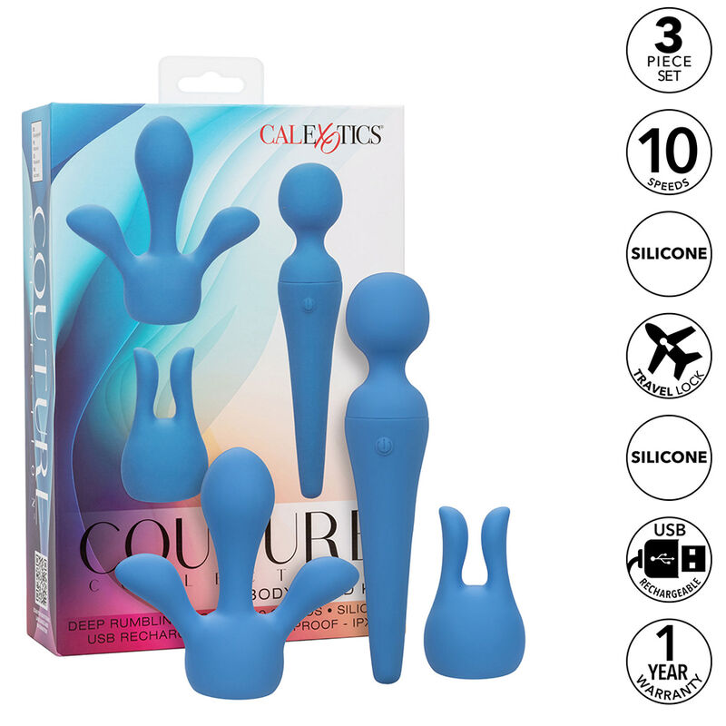 La marca CALEXOTICS nos facilita esta imagen de su producto CALEXOTICS - COUTURE KIT VIBRADOR WAND 10 VIBRACIONES AZUL para nuestro catálogo.
