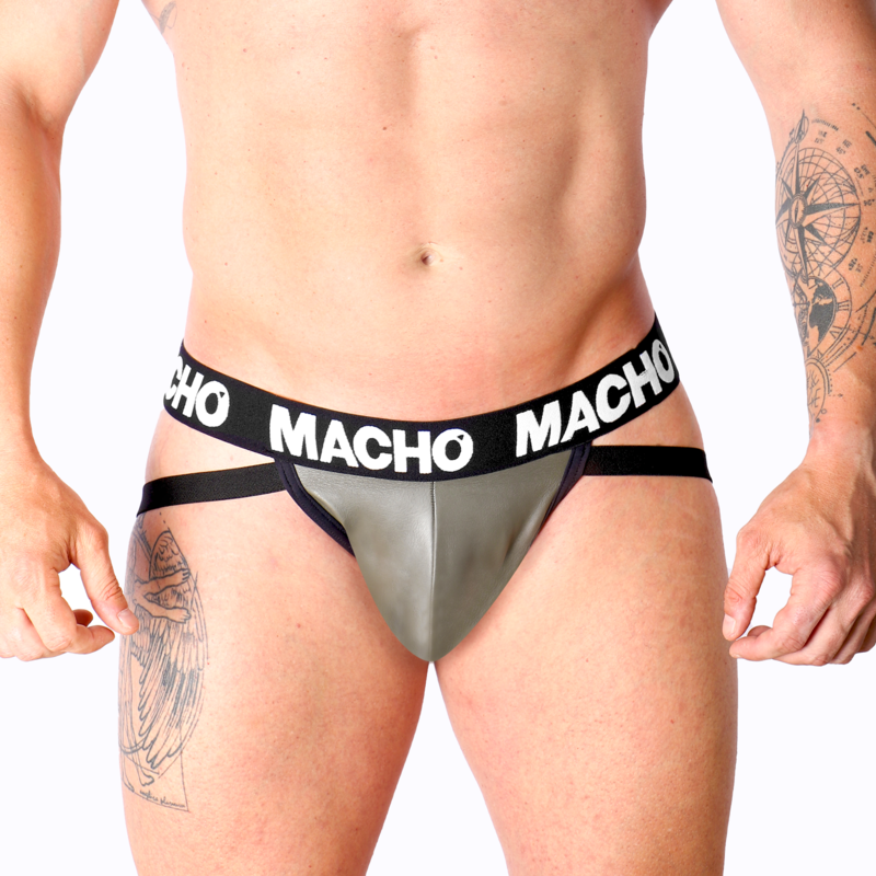 La marca MACHO UNDERWEAR nos facilita esta imagen de su producto MACHO - MX27GR JOCK CUERO GRIS BEIGE S para nuestro catálogo.
