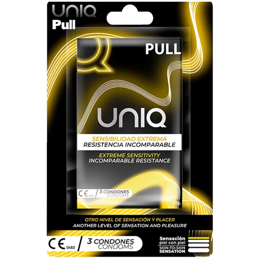 La marca UNIQ nos facilita esta imagen de su producto UNIQ - PULL PRESERVATIVOS CON TIRAS SIN LÁTEX 3 UNIDADES para nuestro catálogo.