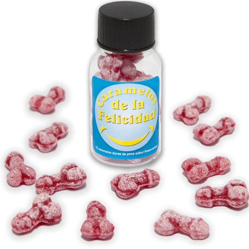 La marca DIABLO PICANTE nos facilita esta imagen de su producto DIABLO PICANTE - BOTE 12 CARAMELOS DE LA FELICIDAD FORMA PENE FRESA/CEREZA para nuestro catálogo.