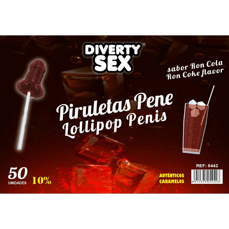 La marca DIABLO GOLOSO nos facilita esta imagen de su producto DIABLO GOLOSO - 50 PIRULETAS PENE RON COLA 10% ALCOHOL para nuestro catálogo.