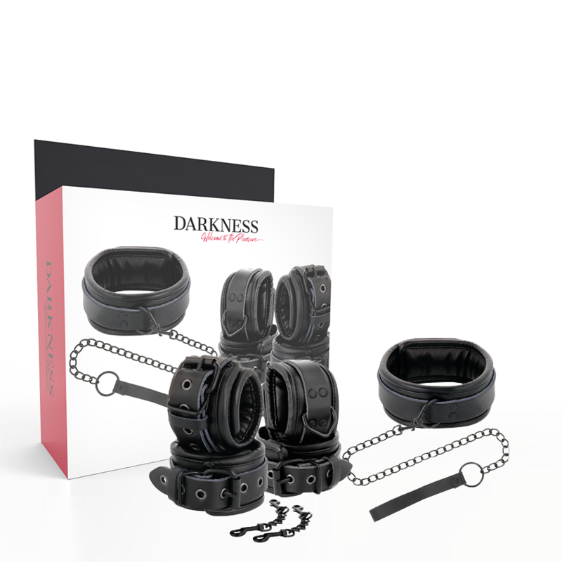 La marca DARKNESS nos facilita esta imagen de su producto DARKNESS - ESPOSAS Y COLLAR DE CUERO NEGRO para nuestro catálogo.