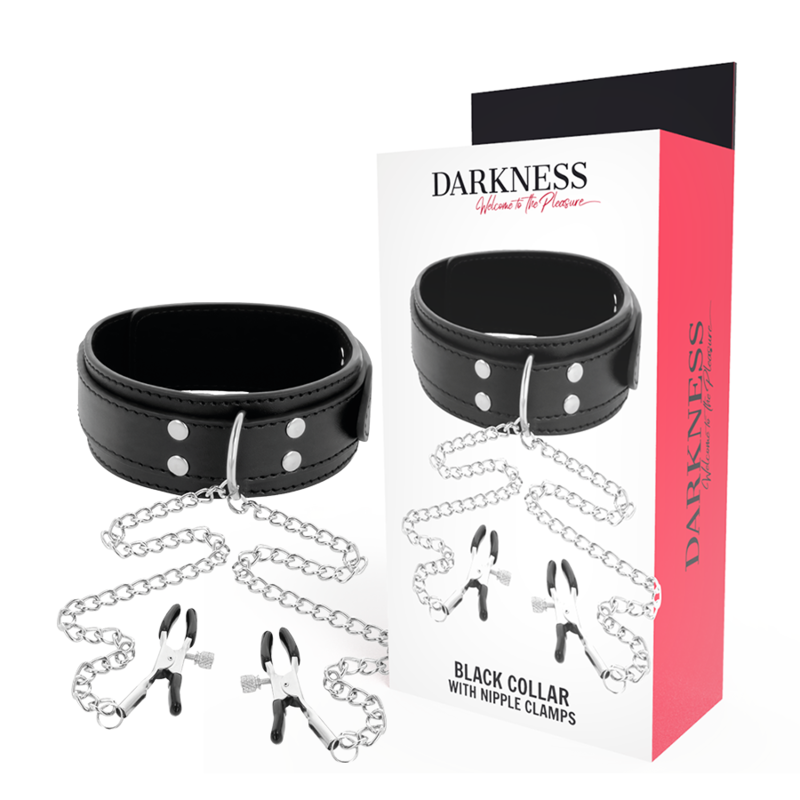 La marca DARKNESS BONDAGE nos facilita esta imagen de su producto DARKNESS - COLLAR CON PINZAS PARA PEZONES NEGRO para nuestro catálogo.