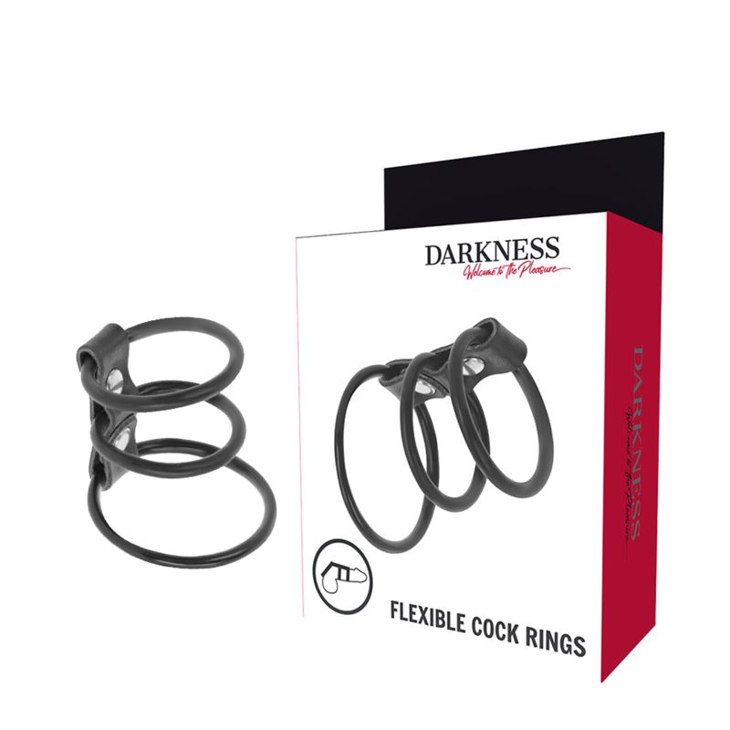 La marca DARKNESS BONDAGE nos facilita esta imagen de su producto DARKNESS - SET DE 3 ANILLAS PENE FLEXIBLE para nuestro catálogo.