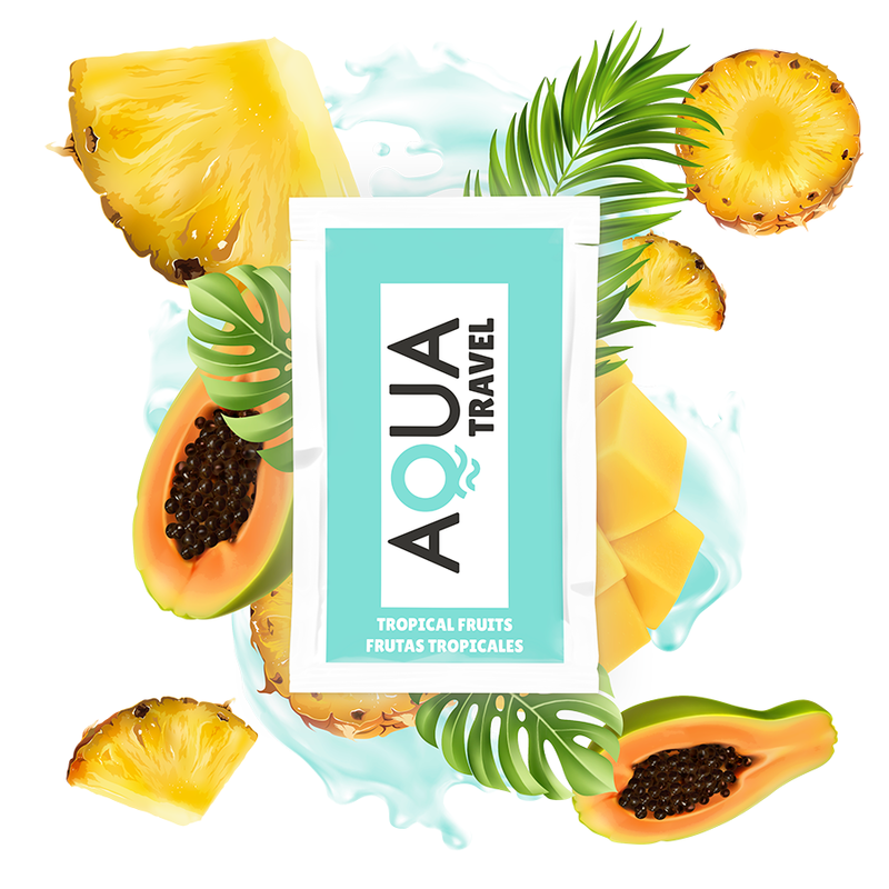 La marca AQUA TRAVEL nos facilita esta imagen de su producto AQUA TRAVEL - LUBRICANTE BASE AGUA SABOR FRUTAS TROPICALES 6 ML para nuestro catálogo.