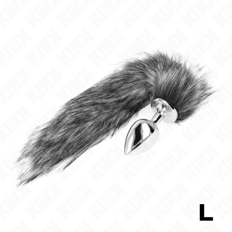 La marca KINK PLEASURE PLUGS nos facilita esta imagen de su producto KINK - PLUG ANAL TALLA L 10 X 4 CM CON COLA SINTÉTICA 40 CM PLATEADO para nuestro catálogo.