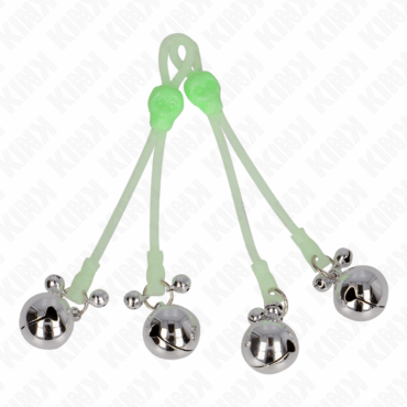 La marca KINK NIPPLE GRIP nos facilita esta imagen de su producto KINK - PINZAS PARA PEZONES LUMINOSAS FORMA CALABERA CON CASCABEL SONORO AJUSTABLE VERDE / PLATEADO para nuestro catálogo.