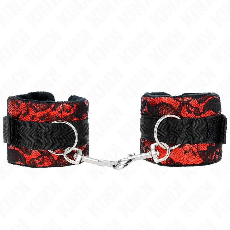 La marca KINK WRIST RESTRAINT nos facilita esta imagen de su producto KINK - MUÑEQUERAS CORTAS DE ENCAJE TERCIOPELO Y UNIÓN DE NYLON ROJO/NEGRO 23 X 6.5 CM para nuestro catálogo.