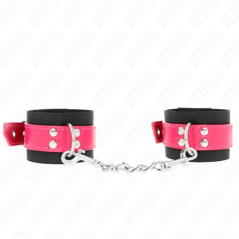 La marca KINK WRIST RESTRAINT nos facilita esta imagen de su producto KINK - MUÑEQUERAS DE NYLON NEGRO CON CORREA POLIPIEL FUSCIA AJUSTABLE 19-29 CM X 5.1 CM para nuestro catálogo.
