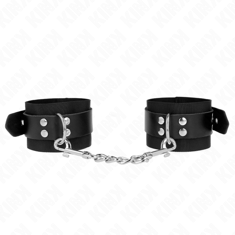 La marca KINK WRIST RESTRAINT nos facilita esta imagen de su producto KINK - MUÑEQUERAS DE NYLON NEGRO CON CORREA CUERO NEGRO AJUSTABLE 19-29 CM X 5.1 CM para nuestro catálogo.