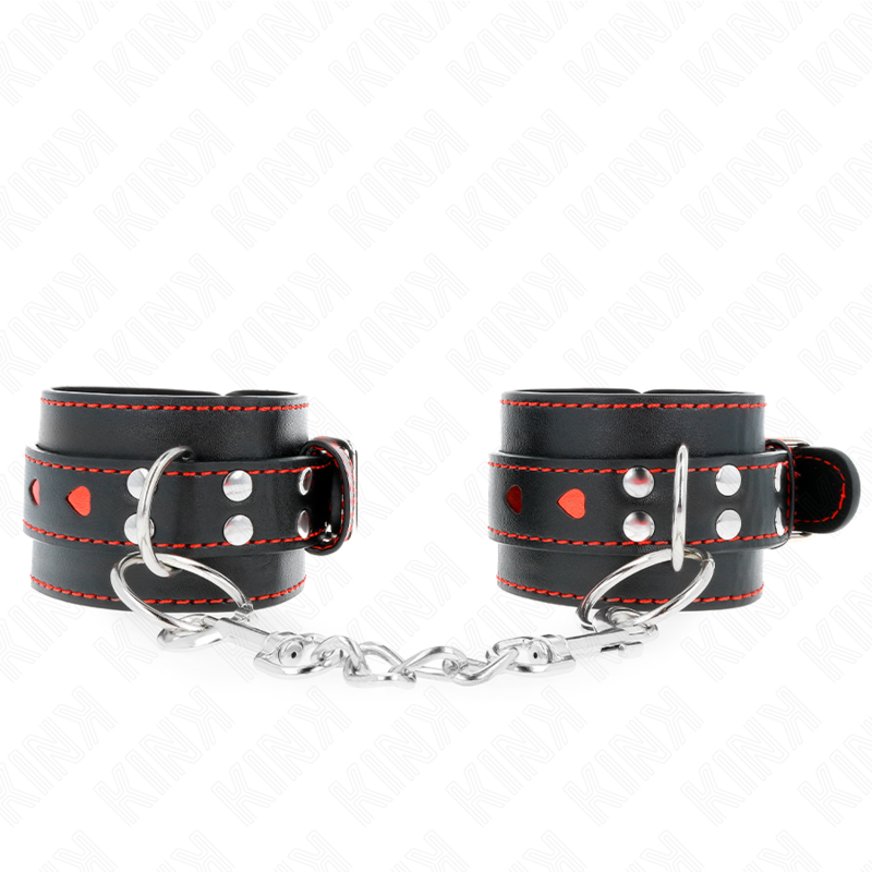 La marca KINK WRIST RESTRAINT nos facilita esta imagen de su producto KINK - MUÑEQUERAS NEGRO CON INCRUSTACIÓN DE CORAZÓN ROJO AJUSTABLE 21-28 CM X 5.5 CM para nuestro catálogo.