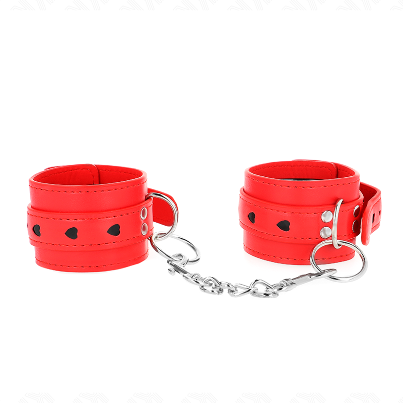 La marca KINK WRIST RESTRAINT nos facilita esta imagen de su producto KINK - MUÑEQUERAS ROJO CON INCRUSTACIÓN DE CORAZÓN NEGRO AJUSTABLE 21-28 CM X 5.5 CM para nuestro catálogo.