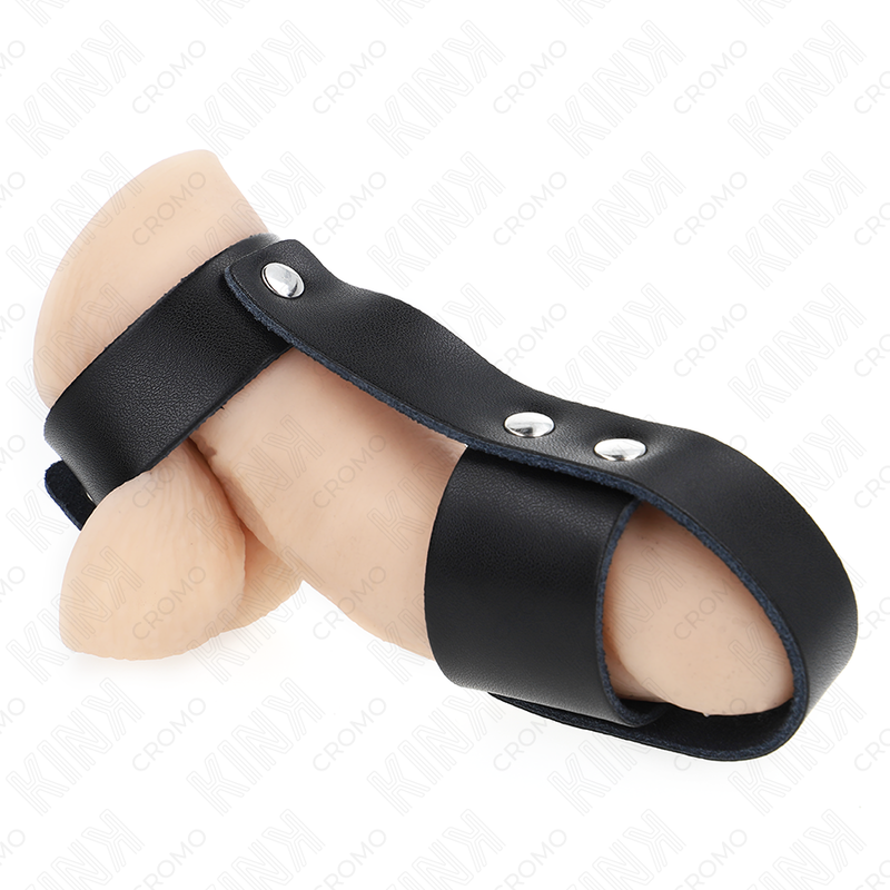La marca KINK RING POWER nos facilita esta imagen de su producto KINK - ANILLO JAULA PENE CUERO CON DIVISOR DE BOLAS AJUSTABLE para nuestro catálogo.