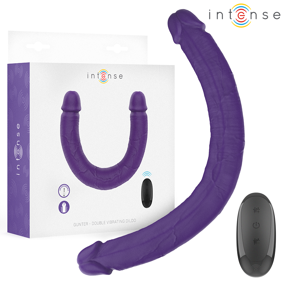 La marca INTENSE FUN nos facilita esta imagen de su producto INTENSE - GUNTER DILDO DOBLE VIBRADOR 40 CM MORADO CONTROL REMOTO para nuestro catálogo.