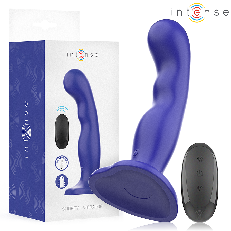 La marca INTENSE FUN nos facilita esta imagen de su producto INTENSE - SHORTY VIBRADOR CON VENTOSA AZUL CONTROL REMOTO para nuestro catálogo.