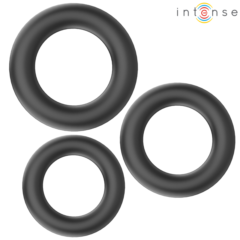 La marca INTENSE COUPLES TOYS nos facilita esta imagen de su producto INTENSE - HUGH 3 ANILLOS BÁSICOS PARA PENE SILICONA NEGRO para nuestro catálogo.