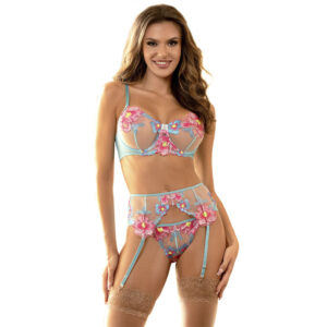 La marca SUBBLIME SETS nos facilita esta imagen de su producto SUBBLIME - 954109 SUJETADOR + PANTIES CON LIGUERO DISEÑO FLORAL AZUL S/M para nuestro catálogo.