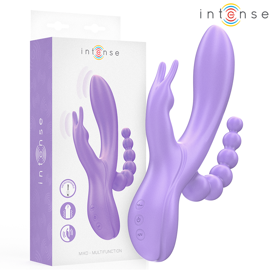 La marca INTENSE FUN nos facilita esta imagen de su producto INTENSE - MIKO TRIPLE VIBRADOR RABBIT & ESTIMULADOR & ANAL 7 VIBRACIONES MORADO para nuestro catálogo.