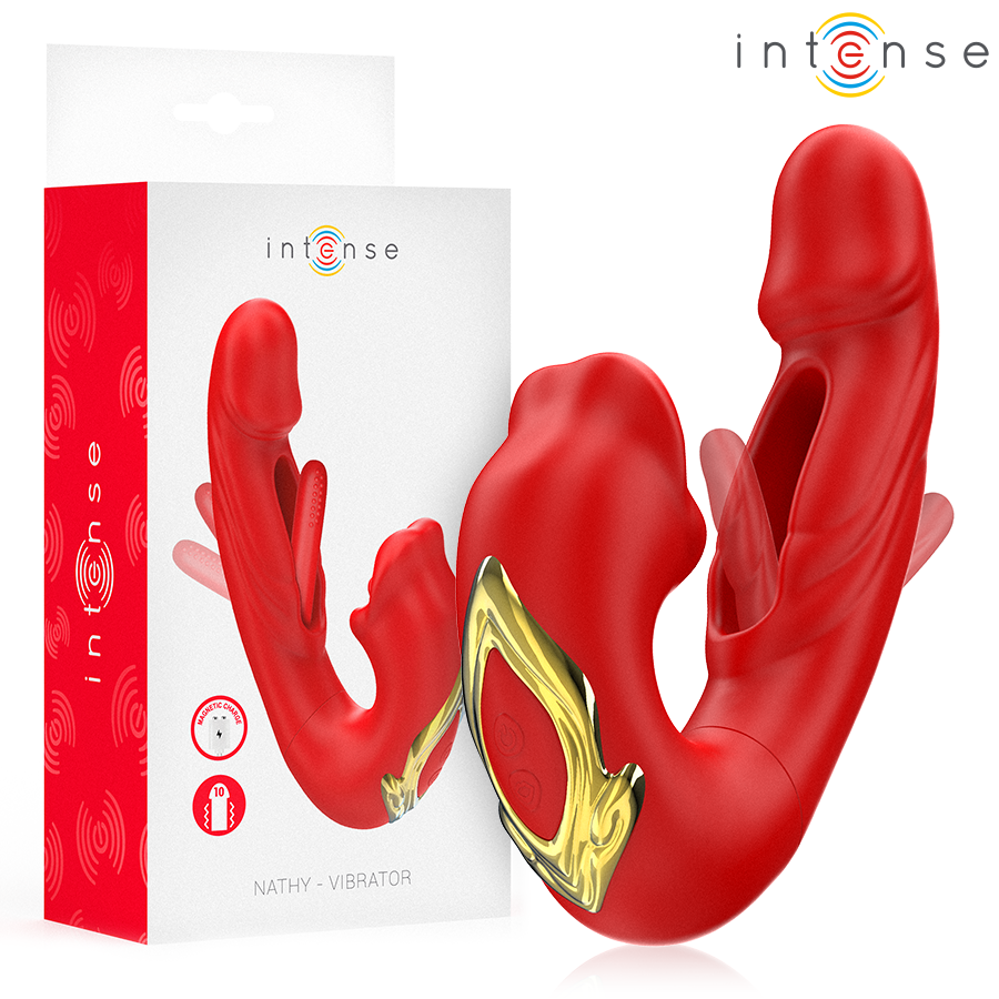 La marca INTENSE FUN nos facilita esta imagen de su producto INTENSE - NATHY VIBRADOR DOBLE CON BOCA ESTIMULADORA MULTIFUNCIÓN ROJO para nuestro catálogo.