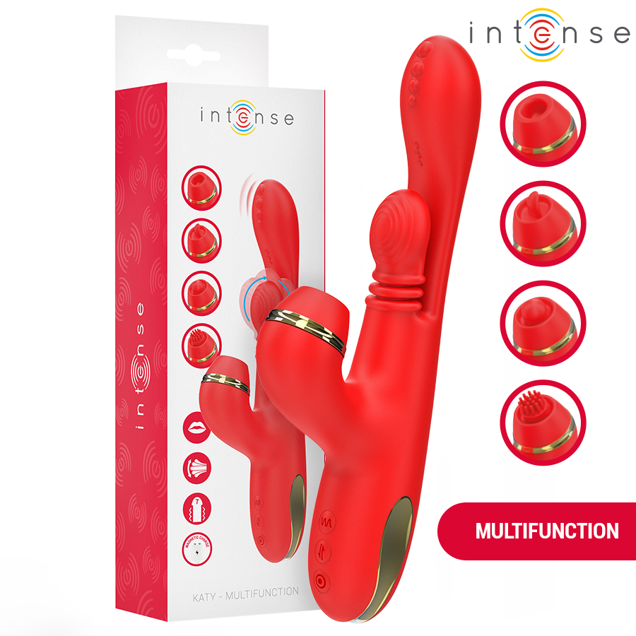 La marca INTENSE FUN nos facilita esta imagen de su producto INTENSE - KATY ESTIMULADOR CLÍTORIS MULTIFUNCIÓN 4 CABEZALES INTERCAMBIABLES ROJO para nuestro catálogo.