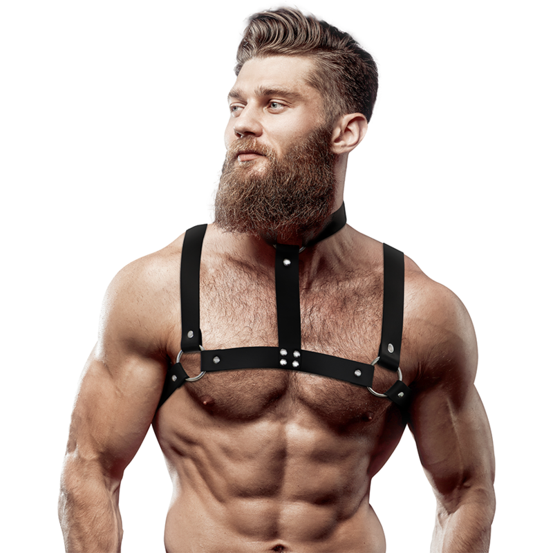 La marca FETISH SUBMISSIVE ATTITUDE nos facilita esta imagen de su producto FETISH SUBMISSIVE ATTITUDE - ARNÉS AJUSTABLE ECOPIEL PECHO CON COLLAR HOMBRE para nuestro catálogo.