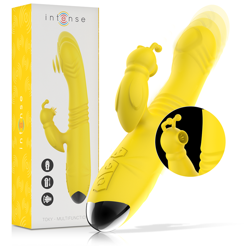 La marca INTENSE FUN nos facilita esta imagen de su producto INTENSE - TOKY VIBRADOR MULTIFUNCIÓN RECARGABLE UP & DOWN CON ESTIMULADOR DE CLITORIS AMARILLO para nuestro catálogo.