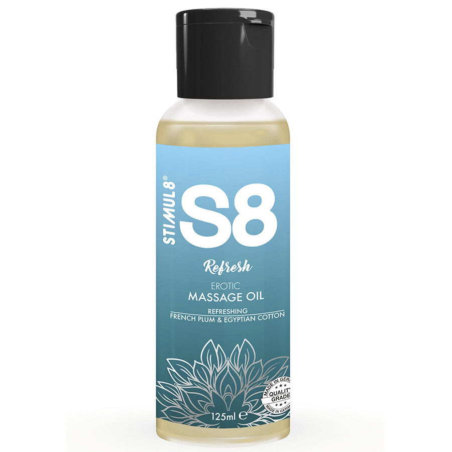 La marca STIMUL8 nos facilita esta imagen de su producto STIMUL8 - S8 REFRESH ACEITE DE MASAJE ALGODÓN 125 ML para nuestro catálogo.
