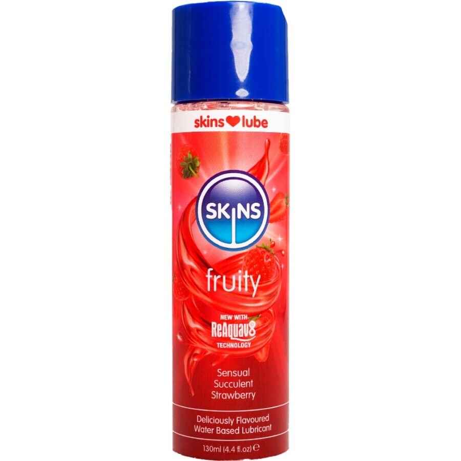 La marca SKINS nos facilita esta imagen de su producto SKINS - FRUITY LUBRICANTE BASE DE AGUA FRESA 130 ML para nuestro catálogo.