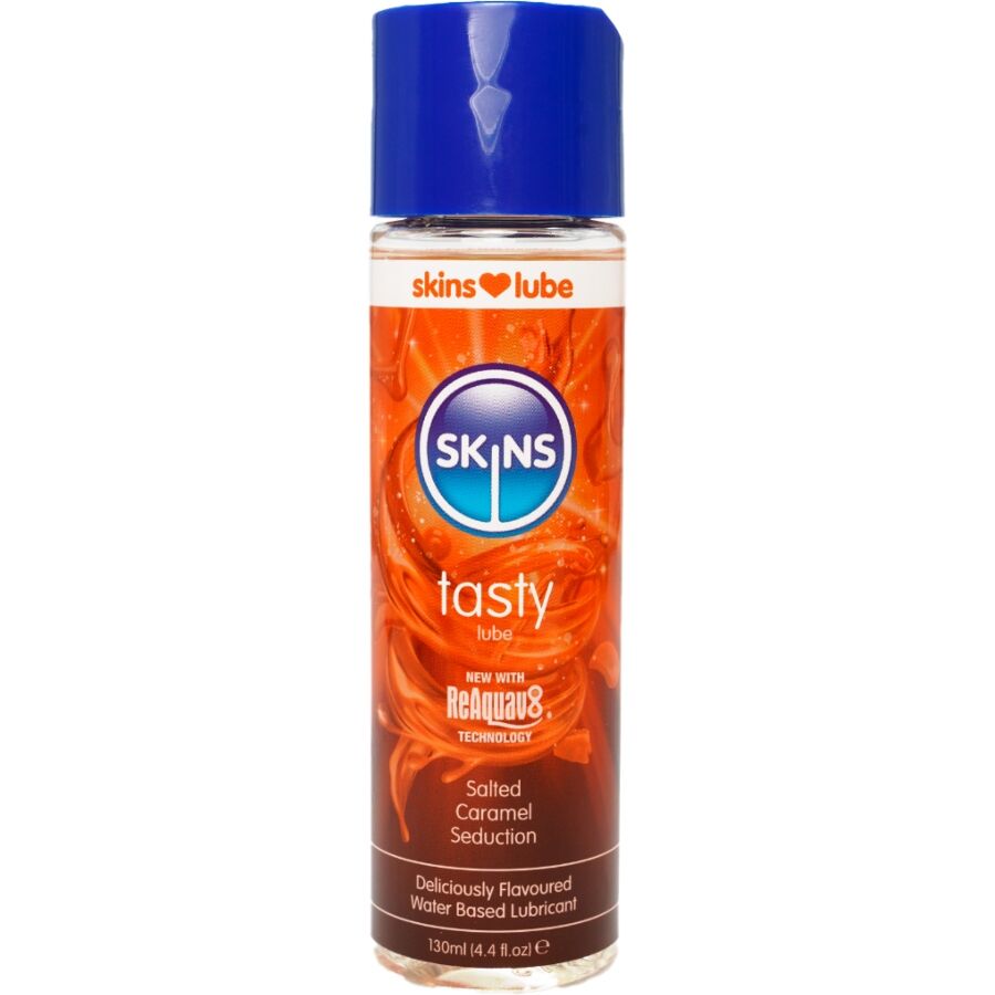 La marca SKINS nos facilita esta imagen de su producto SKINS - TASTY LUBRICANTE BASE DE AGUA CARAMELO SALADO 130 ML para nuestro catálogo.