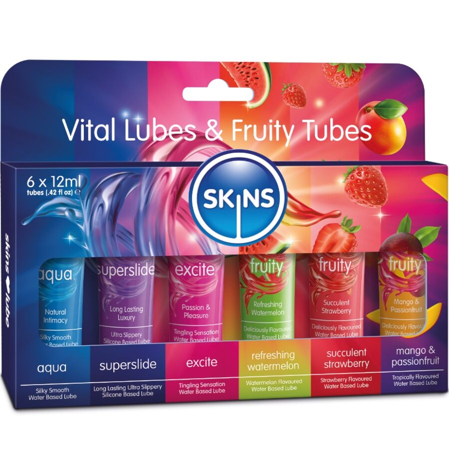 La marca SKINS nos facilita esta imagen de su producto SKINS - VITAL & FRUITY LUBES KIT LUBRICANTES 6 x 12 ML para nuestro catálogo.